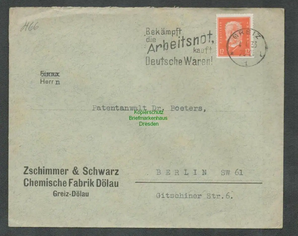 B6003 Brief Deutsches Reich DR 1933 Greiz Dölau Perfin Firmenlochung Zschimmer &