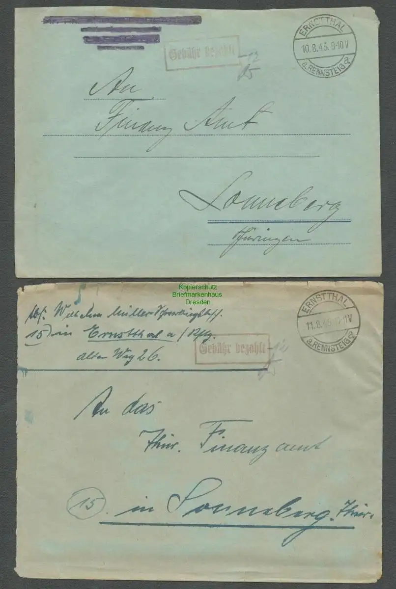 B5740 Gebühr bezahlt 1945 2x Brief Ernstthal am Rennsteig Lauscha an Finanzamt