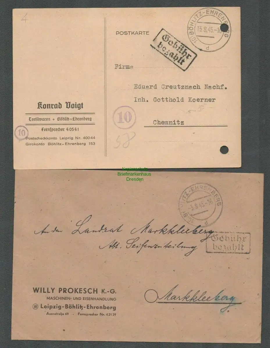 B5731 Gebühr bezahlt 1945 Brief Postkarte Böhlitz Ehrenberg Textilwaren Voigt