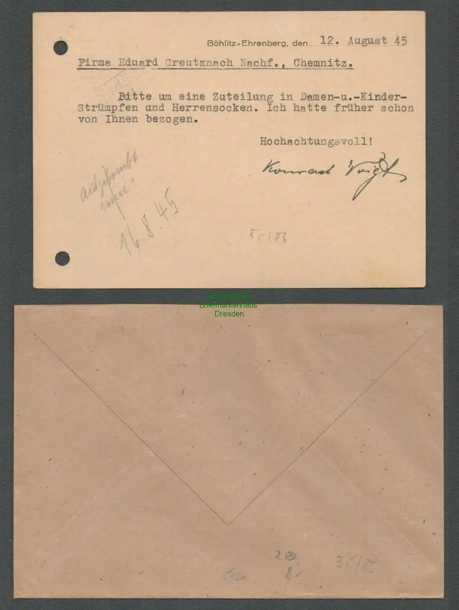 B5731 Gebühr bezahlt 1945 Brief Postkarte Böhlitz Ehrenberg Textilwaren Voigt