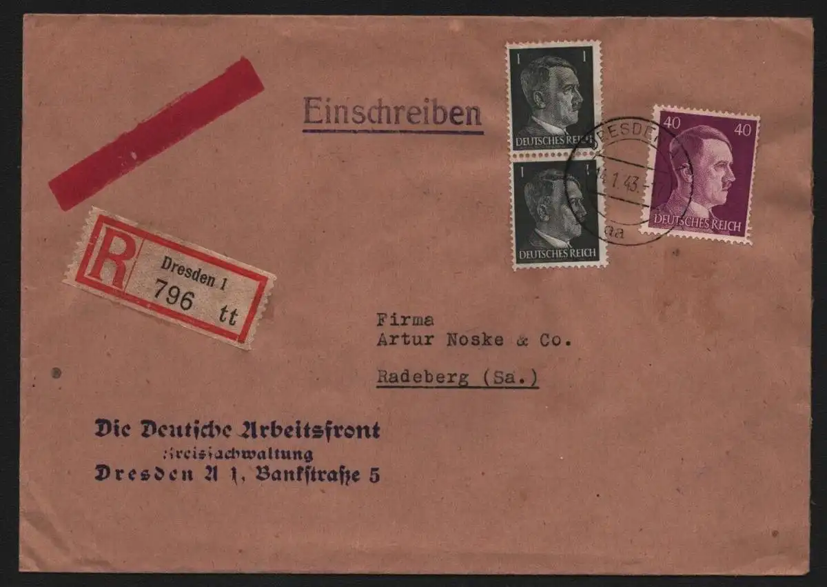B13133 Brief Deutsches Reich 1943 Einschreiben Dresden 1 796 nach Radeberg Firma