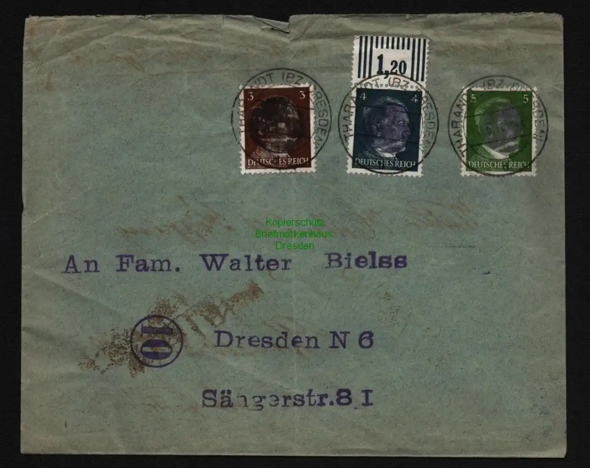 B12054 Brief Tharandt 1945 Sächsische Schwärzung nach Dresden Notumschlag