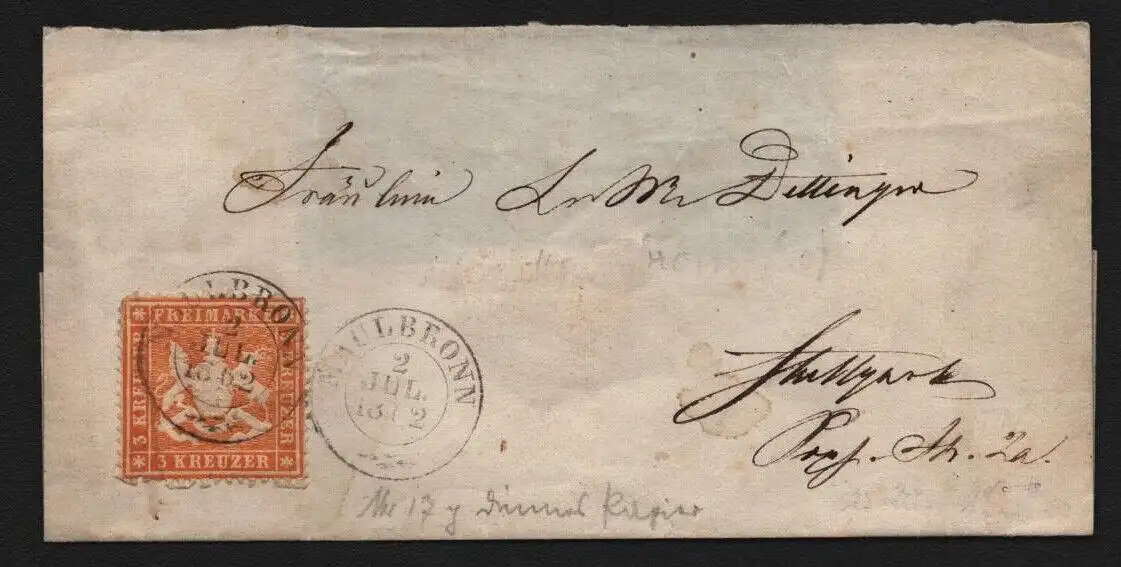 B11753 Brief Württemberg 17 ya Heilbronn 1862 gepr. Heinrich BPP nach Stuttgart