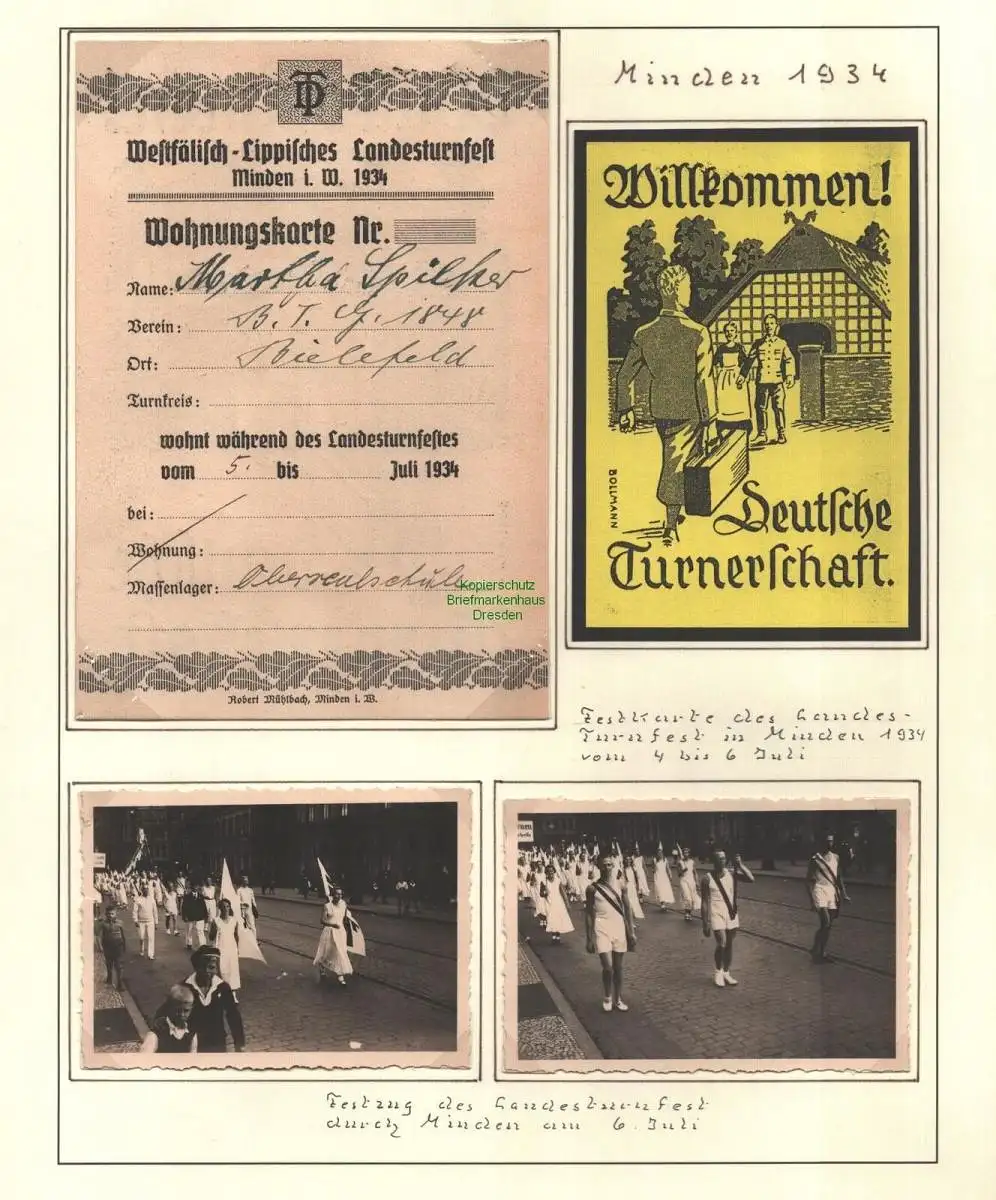 B10280 Minden 1934 Landesturnfest 1934 Wohnungskarte + 2x Foto Festumzug