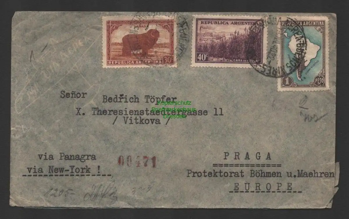 B10164 Brief Argentinien Prag Protektorat Böhmen & Mähren 1940 Zensur Wehrmacht
