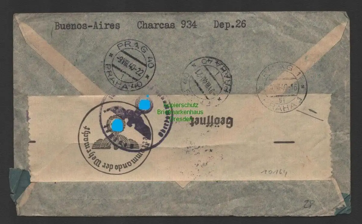 B10164 Brief Argentinien Prag Protektorat Böhmen & Mähren 1940 Zensur Wehrmacht