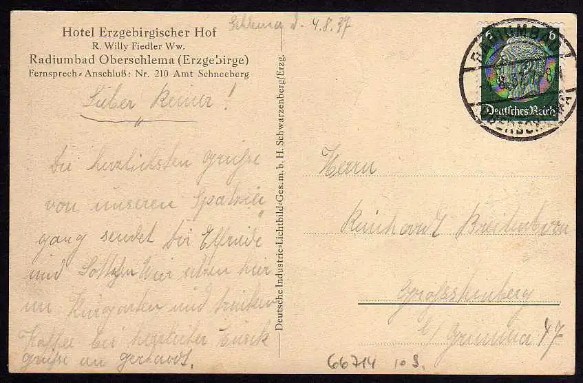 66714 AK Oberschlema Hotel Erzgebirgischer Hof 1937