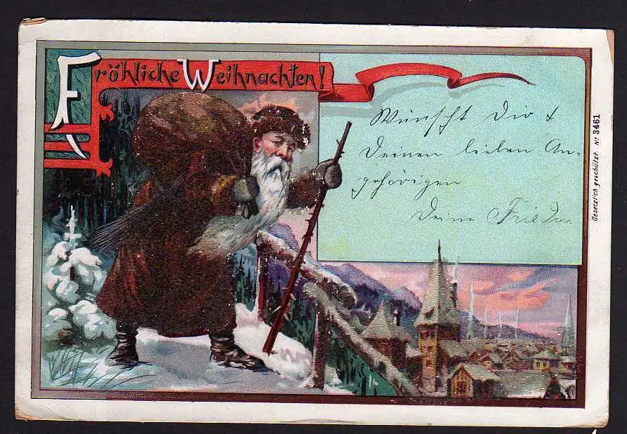 52091 AK Weihnachten 1900 Weihnachtsmann brauner Sack Glitzerauflage