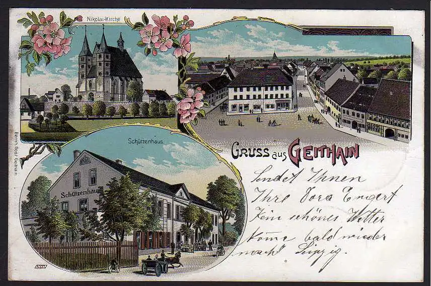 52072 AK Litho Geithain Nikolai Kirche Schützenhaus 1903