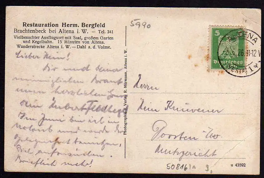 50816 AK Brachtenbeck b. Altena i.W. 1926 Restauration