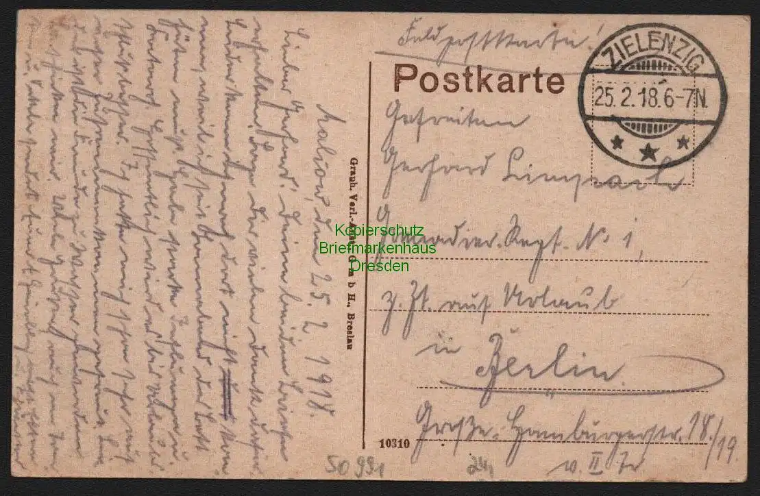 50991 AK Sulecin Zielenzig 1918 Post Postamt Feldpost