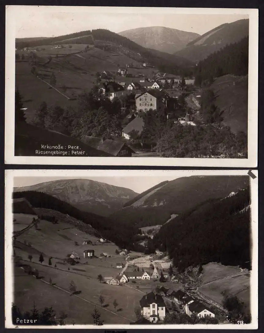 44870 2 AK Petzer Riesengebirge Fotokarte Krkonose Pece 1929