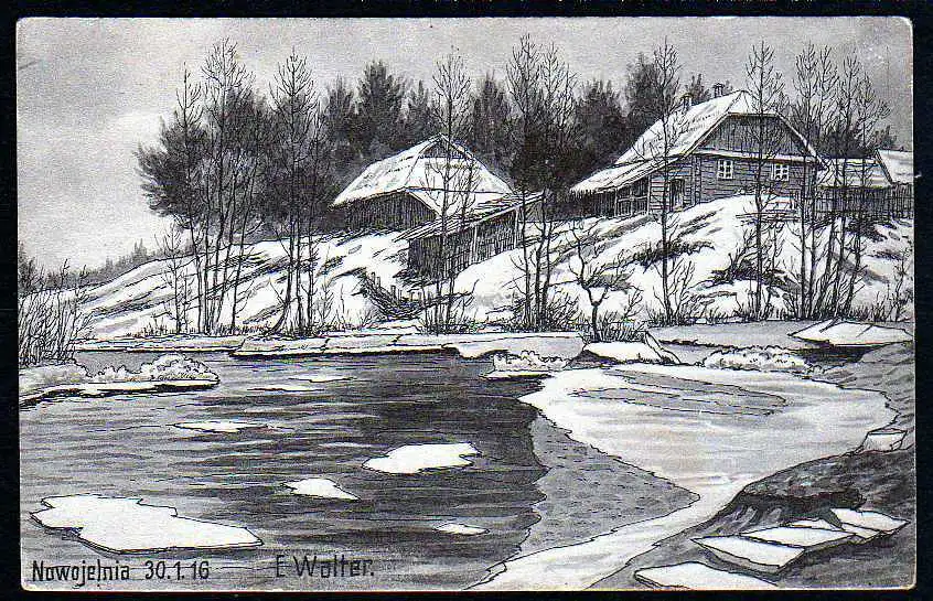 37545 AK 1. Weltkrieg Künstlerkarte Ernst Walter Dorf Nowojelnia 1916 Belarus