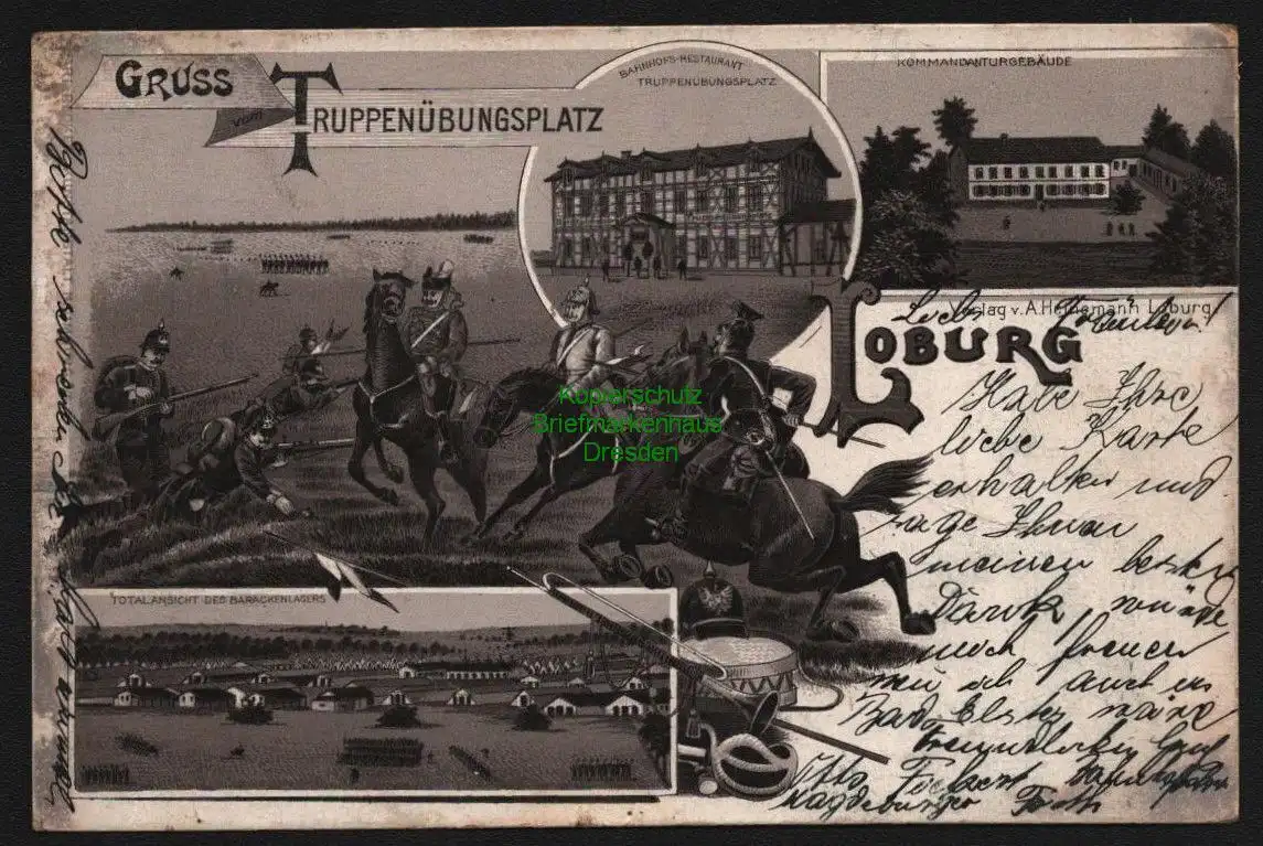 150698 AK Truppenübungsplatz Loburg Litho 1900 Bahnhofsrestaurant Kommandantur