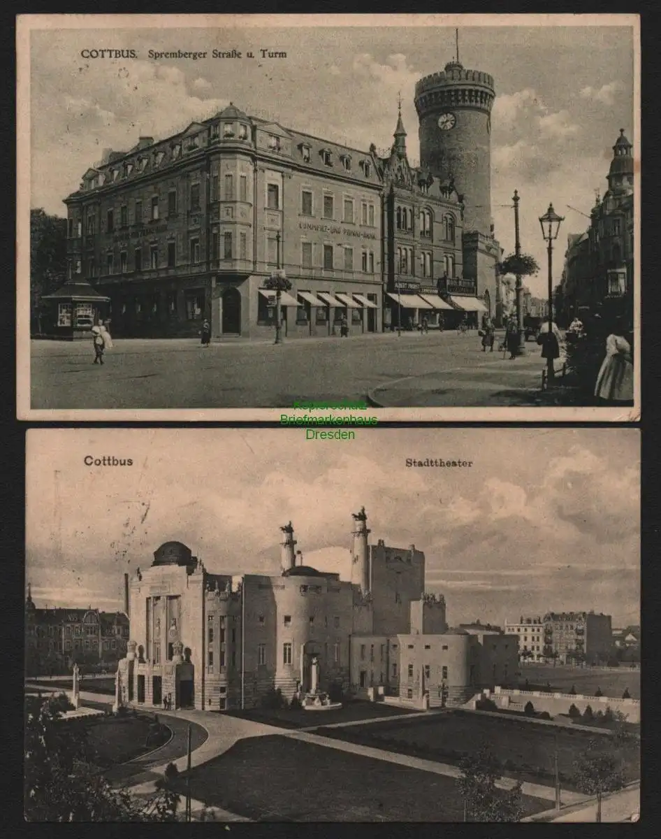149699 2 AK Cottbus Spremberger Straße und Turm 1927 Stadttheater 1919