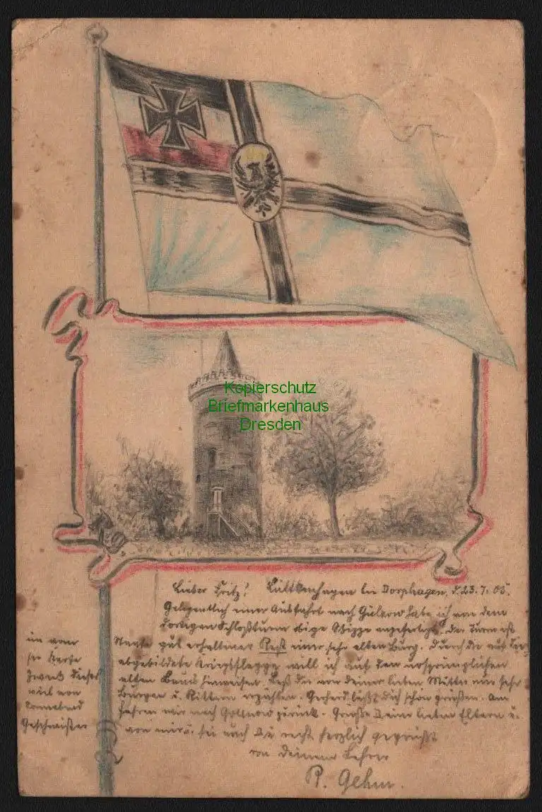 148338 AK Dorphagen Kr. Cammin Pommern 1905 handgezeichnete Karte Turm Fahne