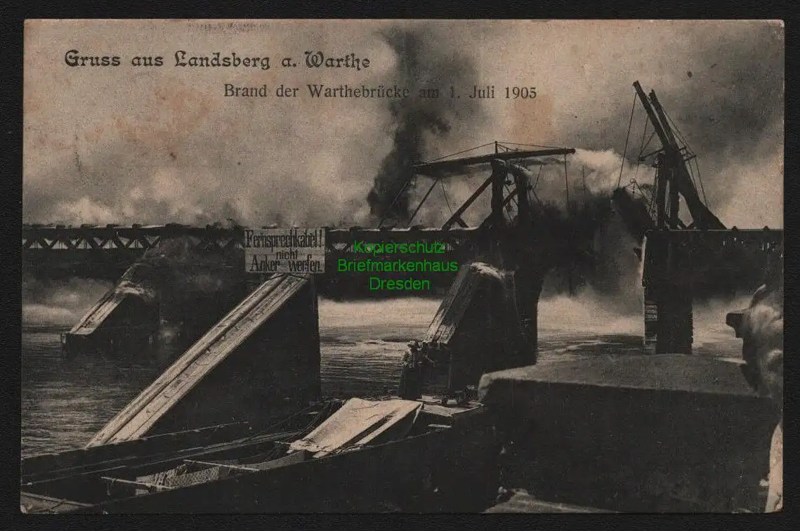 148034 AK Gorzow Wielkopolski Landsberg an der Warthe Brand d. Warthebrücke 1905