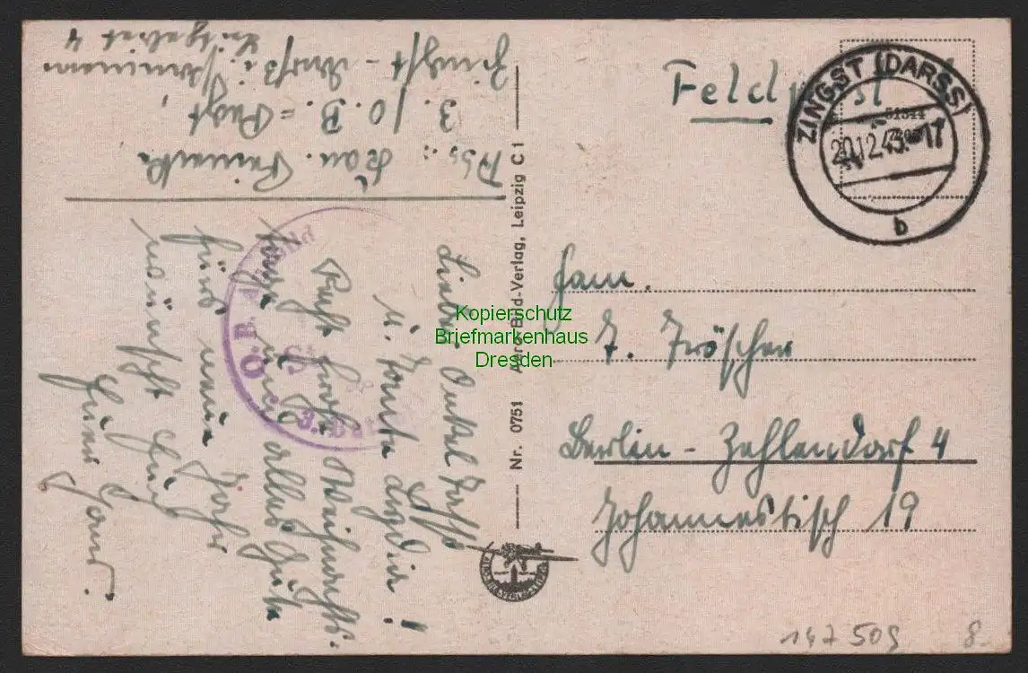 147509 AK Stralsund Gesamtansicht 1943 Feldpost Zingst Darss
