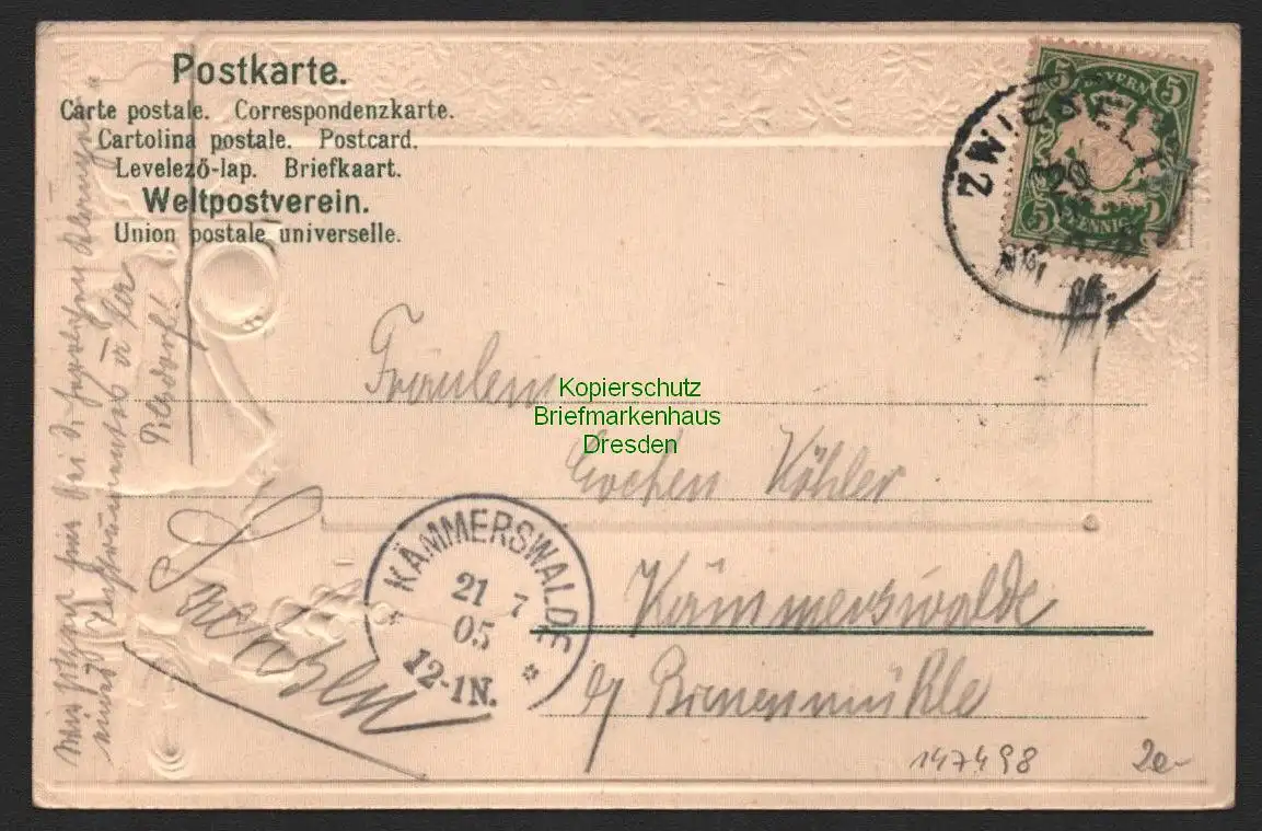 147498 AK Zwiesel 1905 Passepartout Wappen Wandersachen Schnapskrug Karte