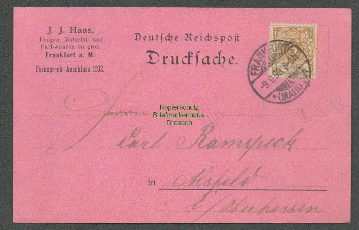 139014 Vertreterkarte J. J. Haas Frankfurt a. M. 1899 Drogen- Material- und Farb