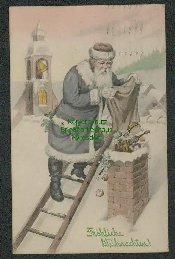 137542 AK Weihnachten 1911 Weihnachtsmann Schnee Dach Geschenke Schornstein