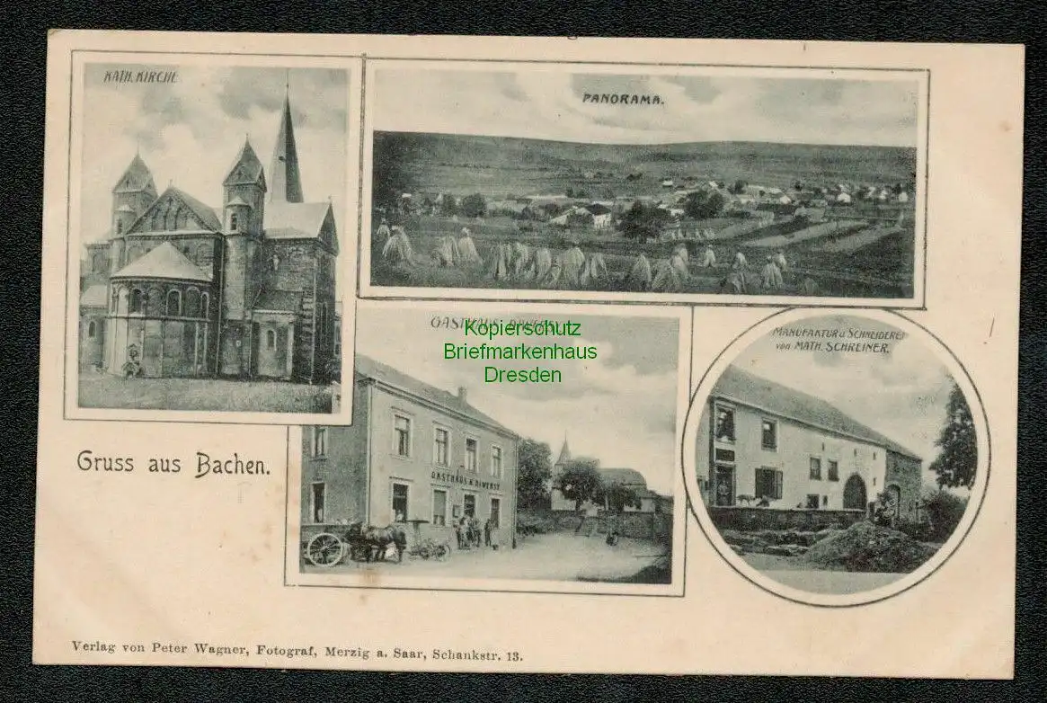 137104 AK Bachen Kath. Kirche um 1900 Gasthaus Diwersy Manufaktur Schneiderei