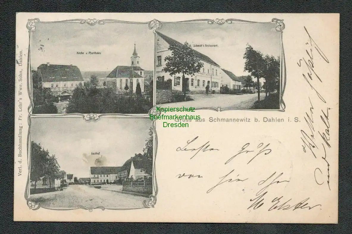 137146 AK Schmannewitz b Dahlen 1903 Restaurant Schmidt Kirche Pfarrhaus Gasthof