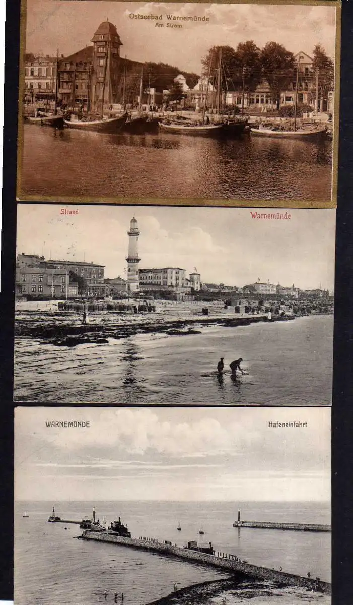111238 3 AK Rostock 1910 Leuchtturm Strandkörbe Hafeneinfahrt 1911 Am Strom 1926