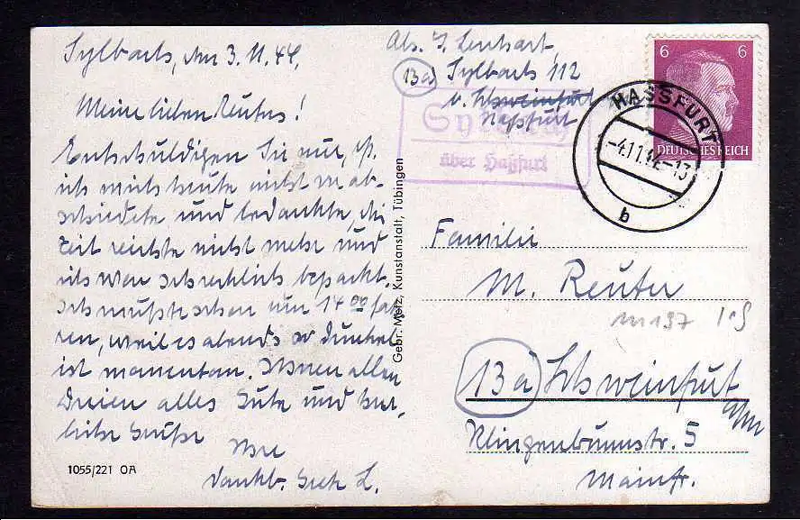 111197 AK Schweinfurt am Main Rathaus 1944 Buchhandlung Ruckert Landpoststempel