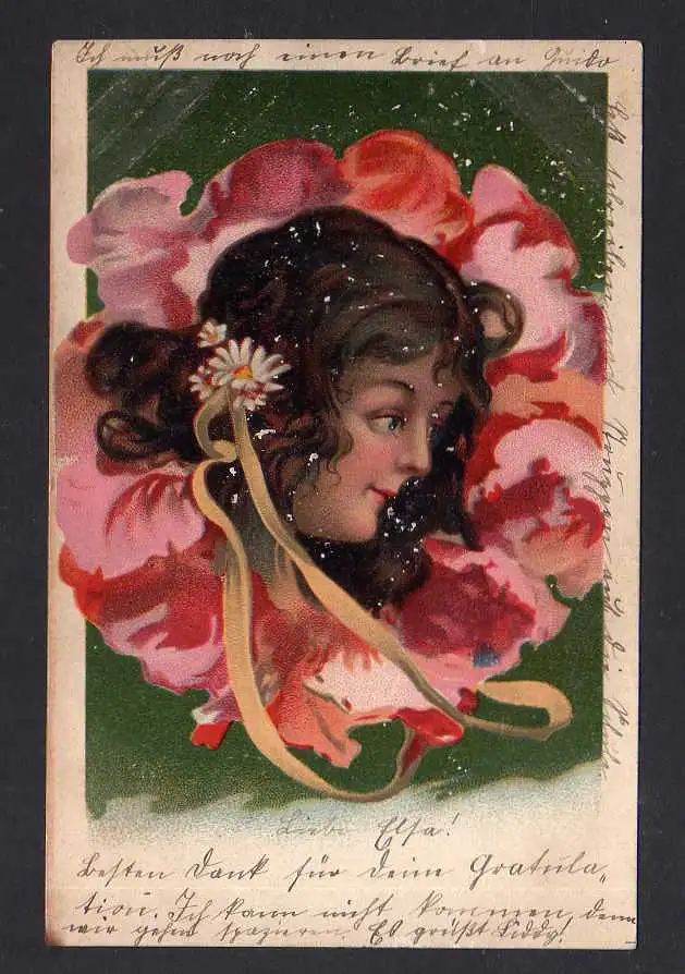 110162 AK Künstkerkarte Frauenkopf in Rose Blume Jugendstil 1904