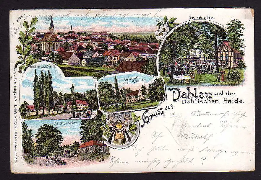 104312 AK Dahlen i. S. Litho 1898 Bahnhof Kirche Rathaus Schloss