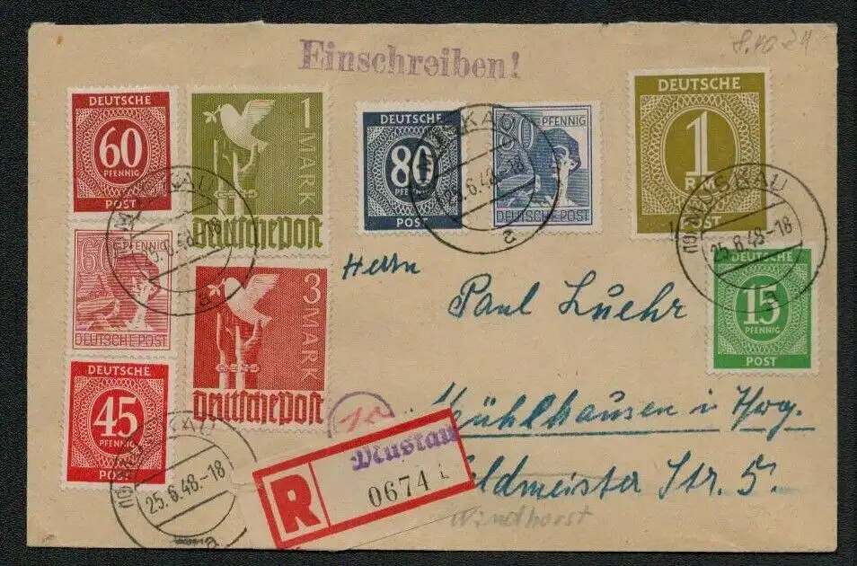 h5361 SBZ Währungsreform 1948 Brief Zehnfach R-Brief Muskau 25.6. 840 Pfg. alt
