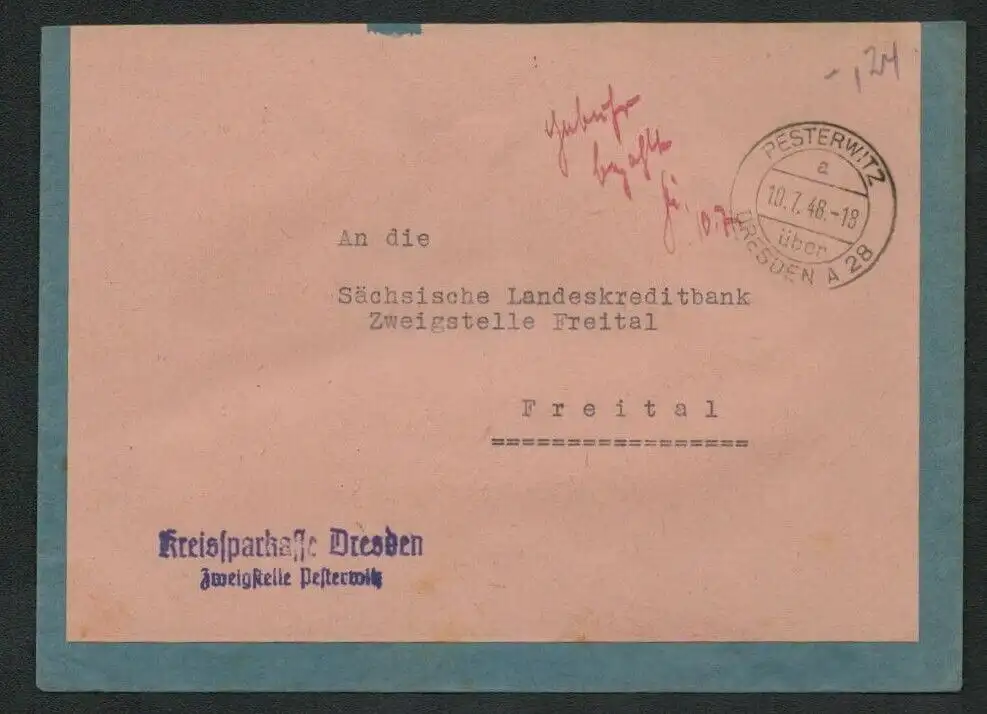h5518 SBZ Währungsreform 1948 Brief Gebühr bezahlt Pesterwitz über Dresden 28