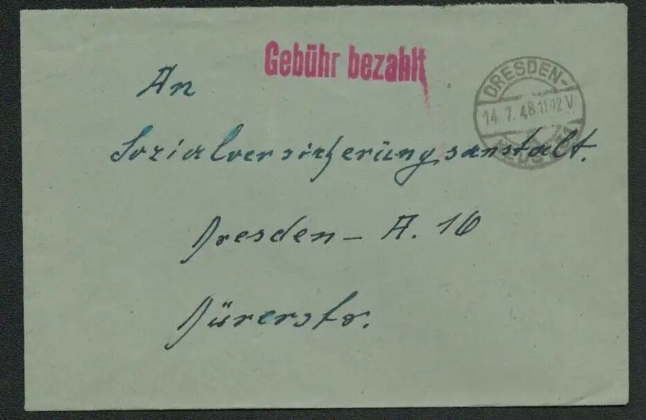 h5527 SBZ Währungsreform 1948 Brief Dresden 31 Gebühr bezahlt an Versicherung