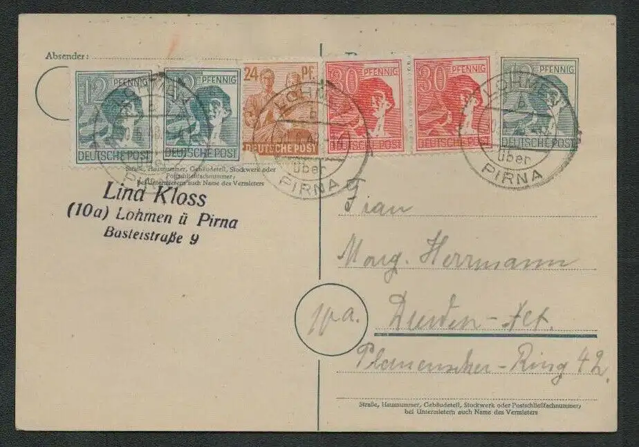 h5280 SBZ Währungsreform 1948 Postkarte Zehnfachfrankatur Wertstempel eingerechn