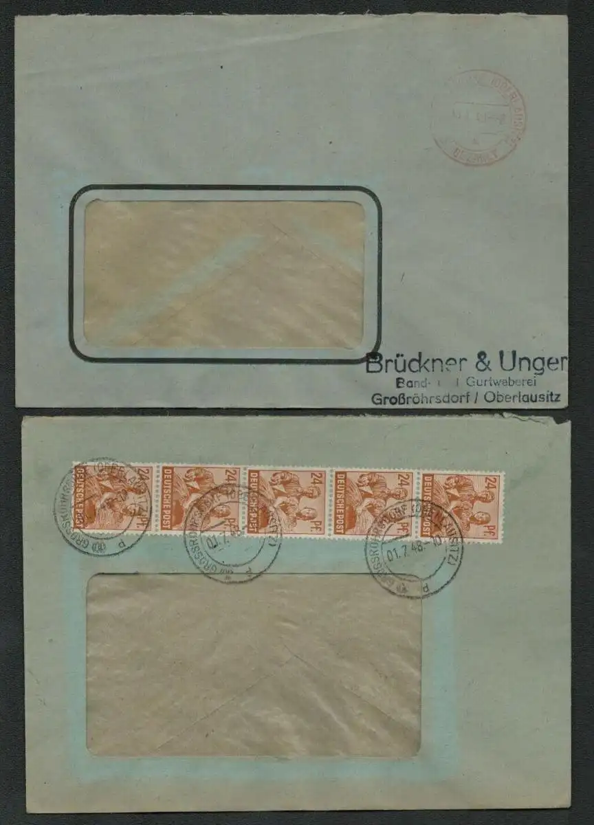 h5219 SBZ 2x Brief Währungsreform 1948 Zehnfach Gebühr bezahlt Bandweberei Brück