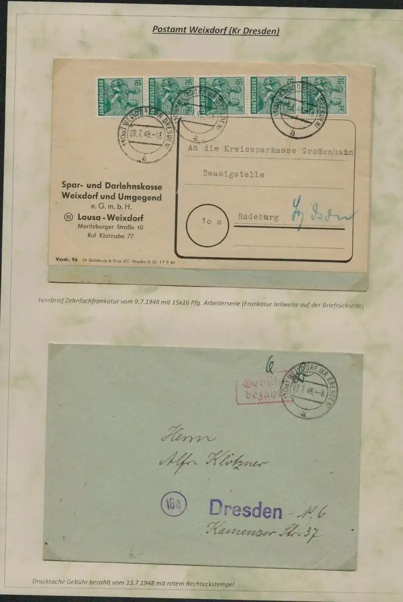 h5430 SBZ Währungsreform 1948 2x Brief Zehnfachfrankatur 15x 16 Pfg. AS Gebühr b