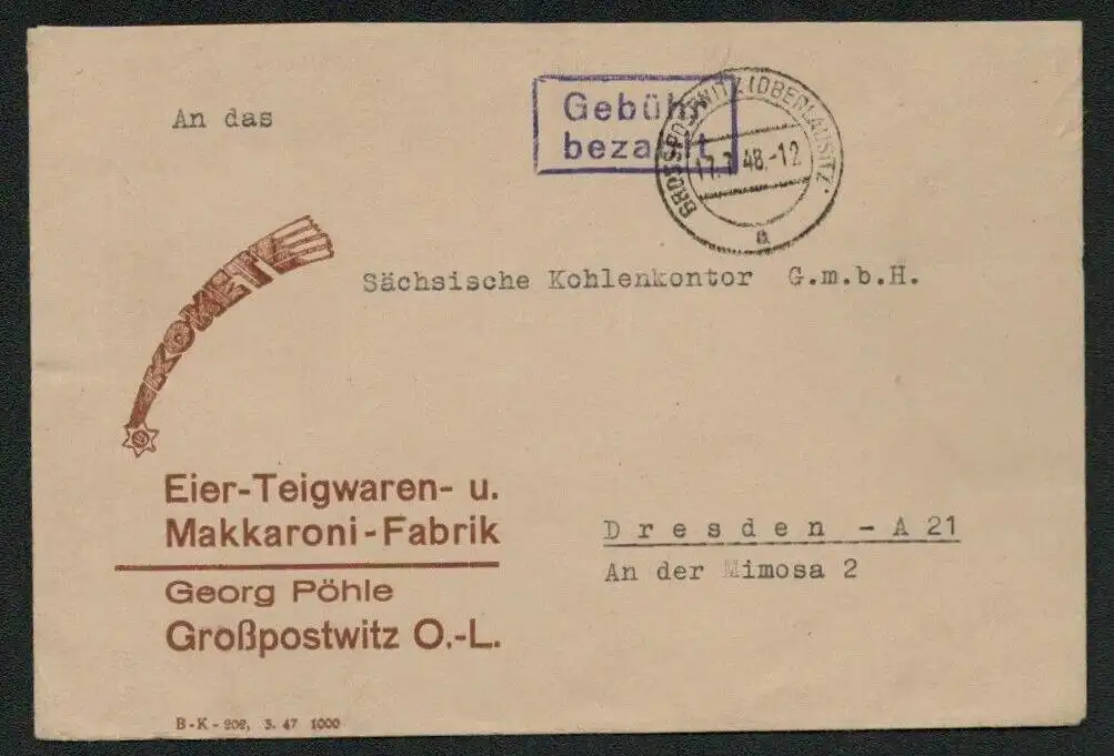 h5115 SBZ Bezirk 14 Gebühr bezahlt Währungsreform 1948 Grosspostwitz 17.7.48