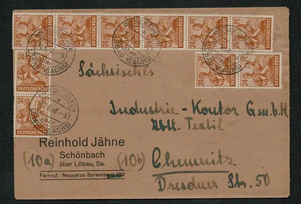 h5345 SBZ Währungsreform 1948 Brief Zehnfachfrankatur Zweigpostamt Schönbach