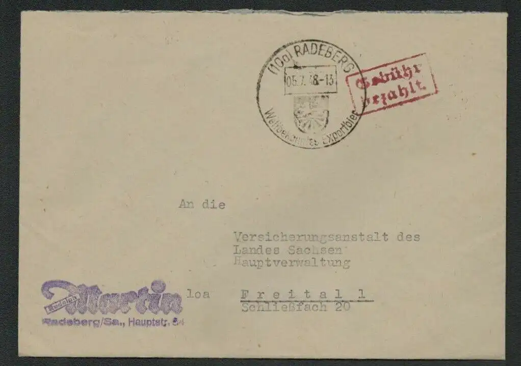 h5291 SBZ Währungsreform 1948 Brief Gebühr bezahlt Radeberg 5.7. nach Freital