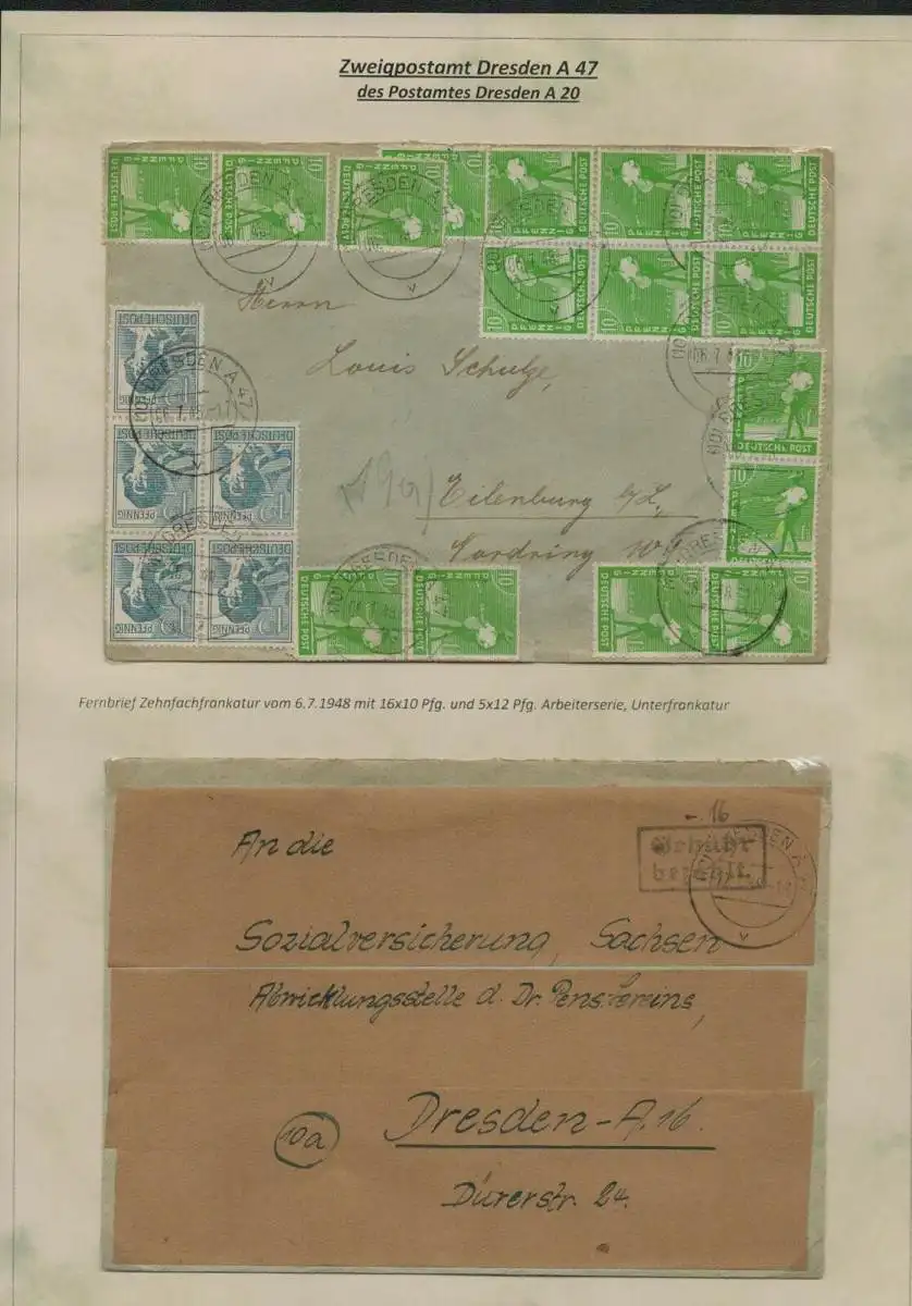 h5502 SBZ Währungsreform 1948 2x Brief Zehnfachfrankatur Gebühr bezahlt