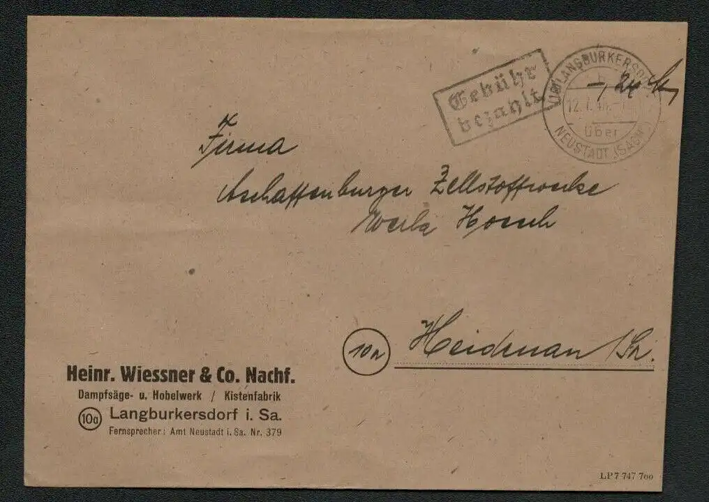 h5380 SBZ Bezirk 14 Brief Gebühr bezahlt über Neustadt Sachsen 12.7.48 Bedarf