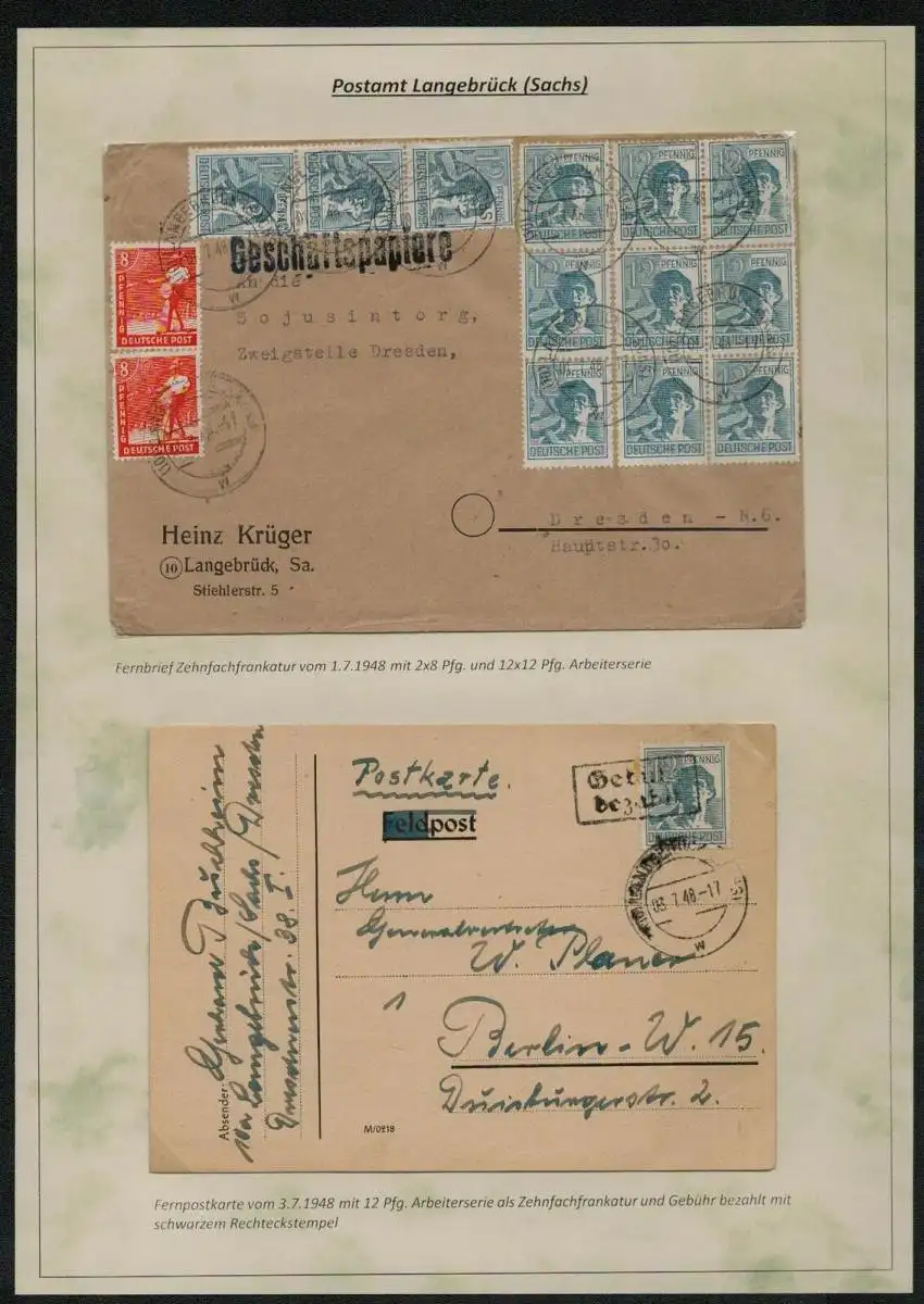 h5337 SBZ Währungsreform 1948 2x Brief Zehnfach Gebühr bezahlt auf Briefmarke
