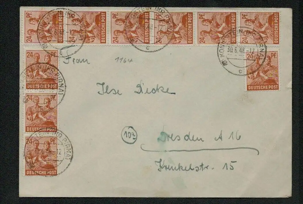 h5331 SBZ Währungsreform 1948 Brief Zehnfachfrankatur Königstein nach Dresden