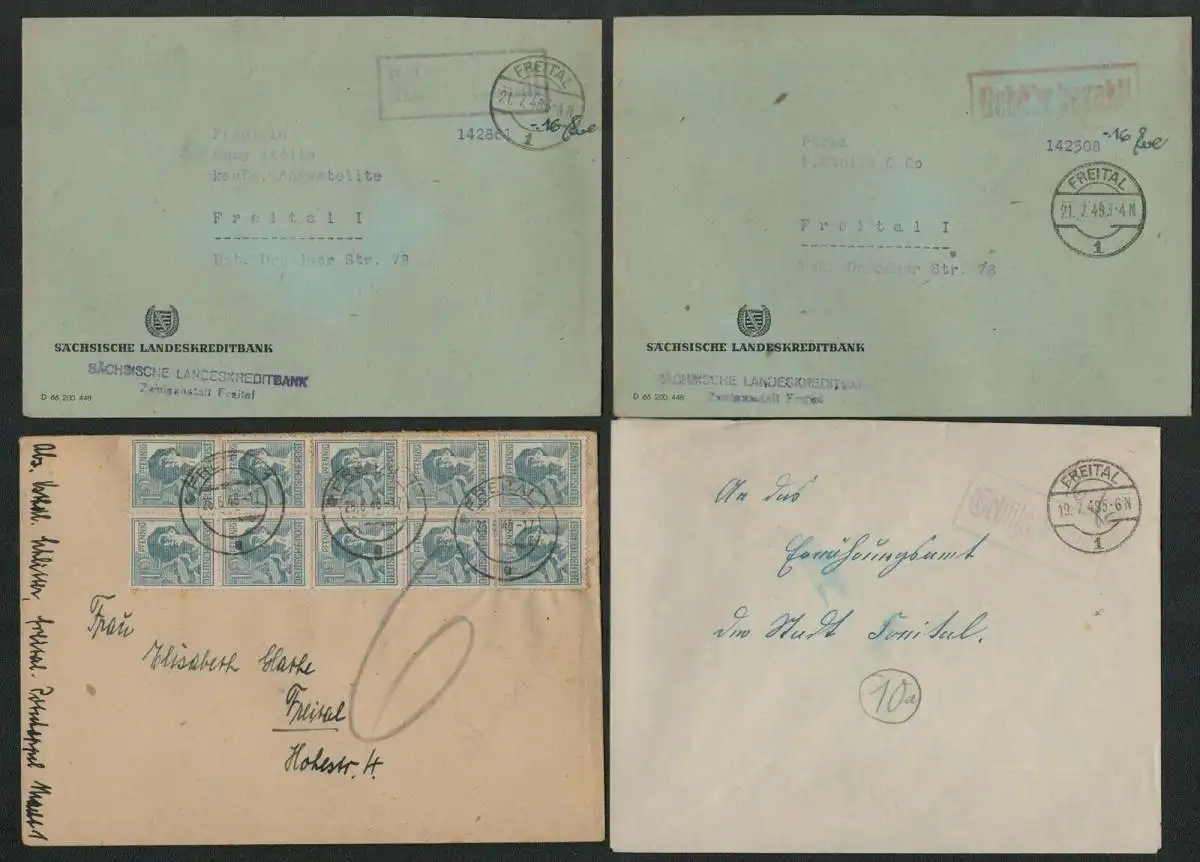 h5190 SBZ 4x Brief Währungsreform 1948 Gebühr bezahlt Zehnfach Freital Nachgebüh
