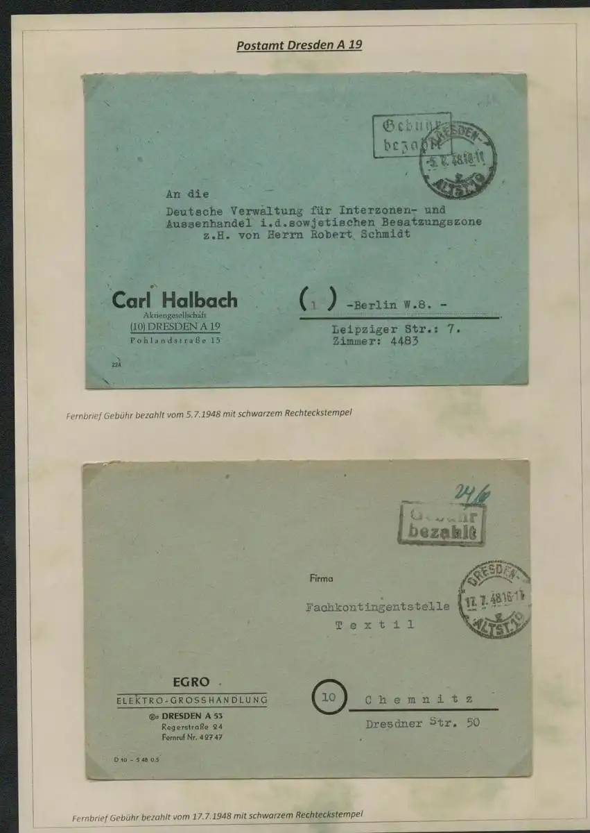 h5473 SBZ Währungsreform 1948 2x Brief Gebühr bezahlt Bedarf Halbach AG EGRO