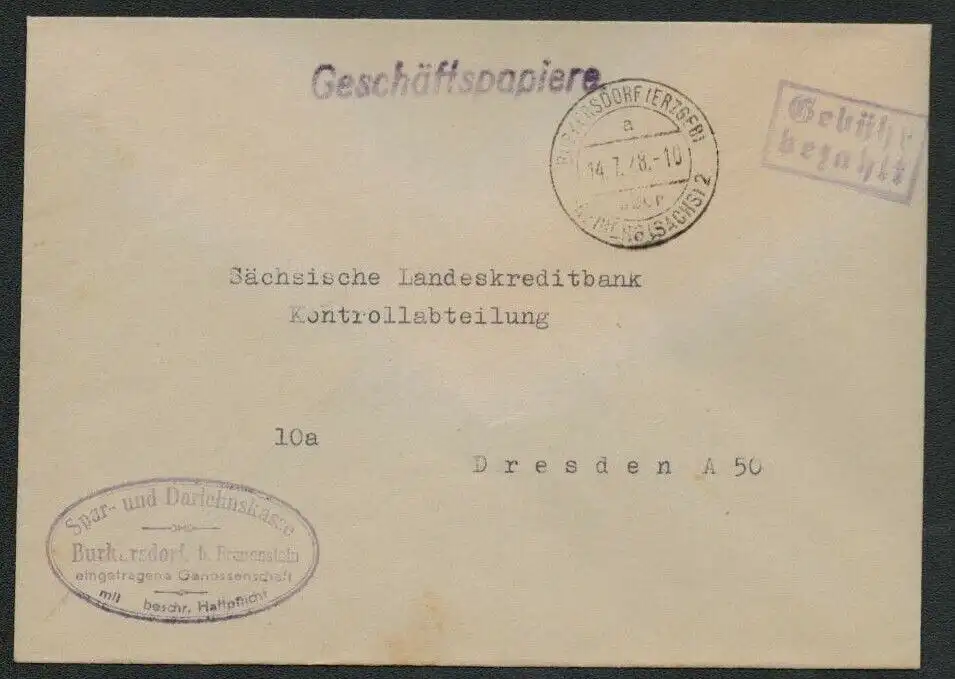 h5174 SBZ Brief Burkersdorf über Freiberg Währungsreform 1948 Gebühr bezahlt