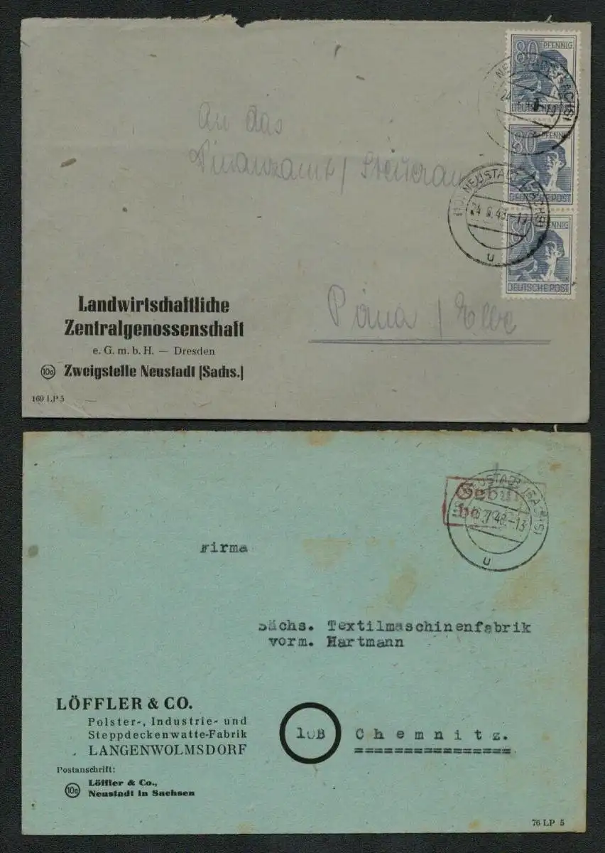 h5379 SBZ Währungsreform 1948 2 Briefe Zehnfach Gebühr bezahlt nach Pirna