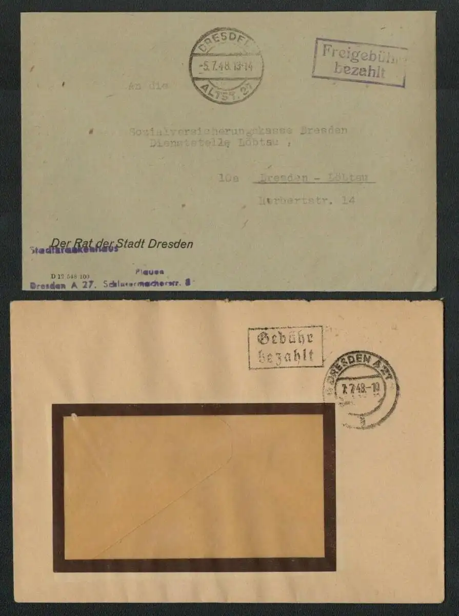 h5510 SBZ Währungsreform 1948 2x Brief Dresden A27 Freigebühr Gebühr bezahlt