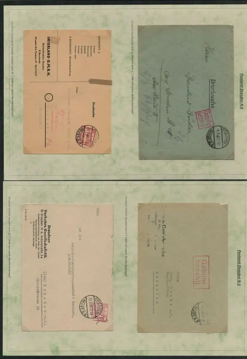 h5460 SBZ Währungsreform 1948 4x Brief Gebühr bezahlt Dresden N6 Drucksache